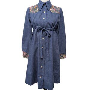 Vintage Lexis Ltd Women Sz 9/10 Blue Contrast Floral Shoulder Cuff Cottage Dress